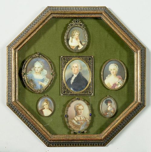 FRAMED COLLECTION OF 7 PORTRAIT MINIATURESShadowbox