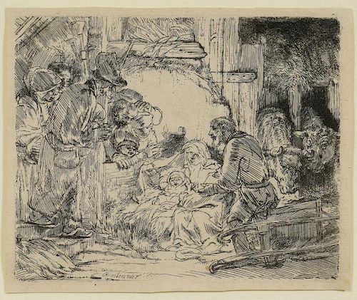REMBRANDT ETCHING "ADORATION OF