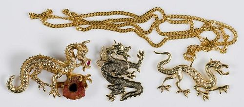 3 14K DRAGON PENDANTS WITH CHAINGroup 3890a4