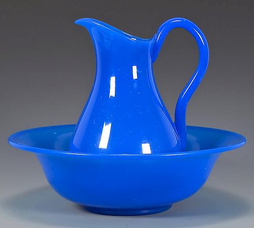 FRENCH BLUE OPALINE GLASS PITCHER 3890e5