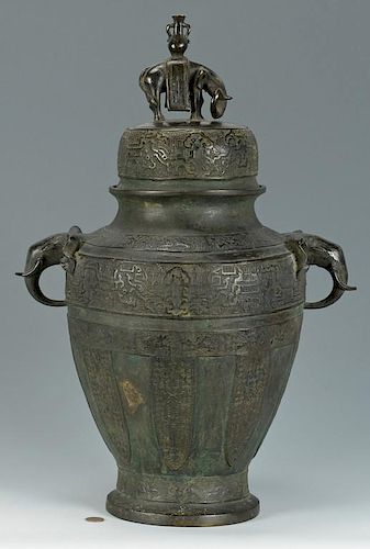 LARGE CHINESE BRONZE LIDDED URN