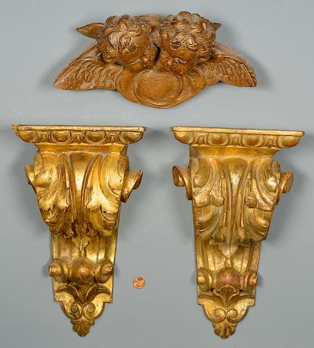 PR. GILT WOOD SCONCES & CHERUB