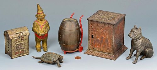 5 FIGURAL CAST IRON BANKS & BRONZE TURTLE