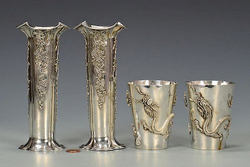 CHINESE EXPORT SILVER VASES CUPS4 38971a