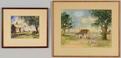 2 WATERCOLORS OF AFRICAN-AMERICAN HOMESTEADS,