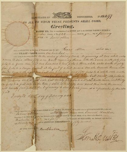 TN LAND GRANT SIGNED BY SAM HOUSTONSam