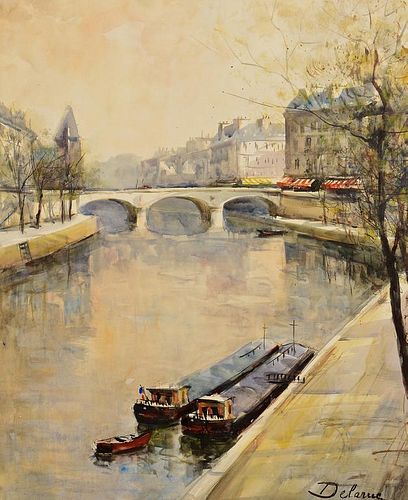 FRENCH WATERCOLOR SEINE RIVER SCENE,