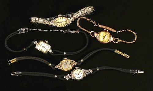 5 LADIES 14K WATCHES, 4 W/ DIAMONDS1st