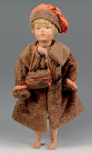 SCHOENHUT CHILD DOLL W/ MOHAIR COATMarked