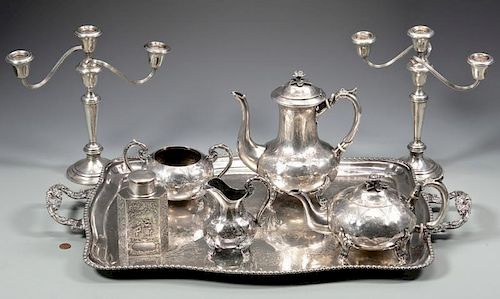 CANDELABRA, TEA SET, TRAY AND CADDY1st