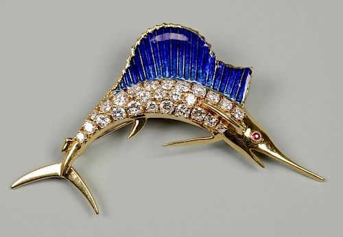 18K ENAMEL DIAMOND MARLIN BROOCH18k 389aeb