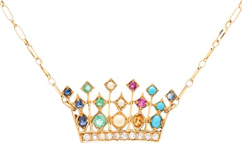 18K YELLOW GOLD & GEMSTONE CROWN NECKLACELadies