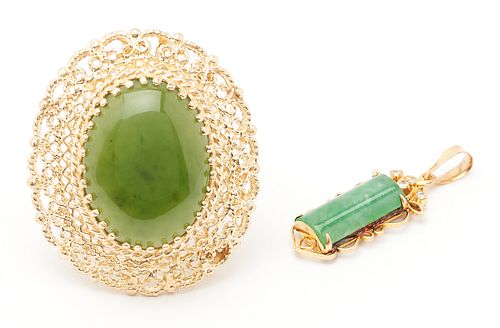 2 LADIES YELLOW GOLD JADE ITEMS1st 387581