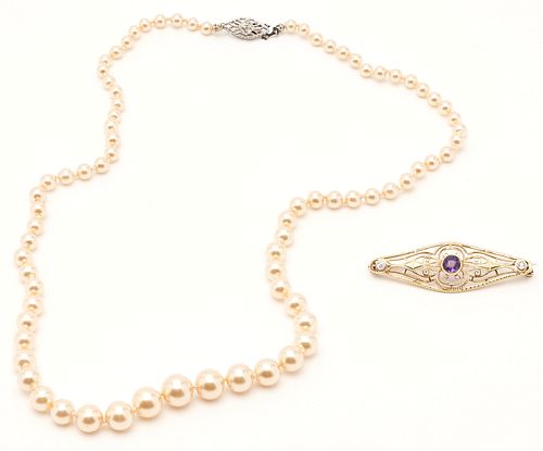 14K GRADUATED PEARL NECKLACE &