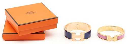 2 HERMES ENAMEL CLASSIC LOGO BRACELETS,