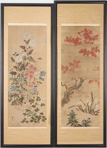 PAIR OF FRAMED JAPANESE SCROLL PAINTINGS,