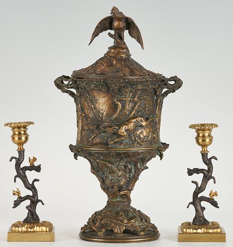 PJ MENE BRONZE URN AND PAIR BLACK FOREST