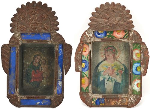 2 MEXICAN FOLK ART RETABLOS VIRGIN 3879cb