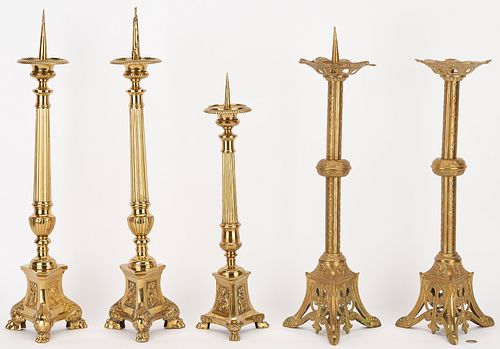 5 CONTINENTAL BRONZE ALTAR CANDLESTICKSFive 387b79