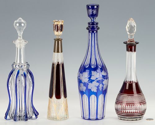 4 CRYSTAL DECANTERS, INCL. COBALT