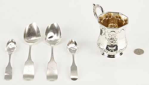 5 COIN SILVER ITEMS, CUP & 4 SPOONS,