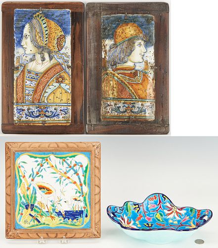 4 EUROPEAN POTTERY ITEMS, MAJOLICA &