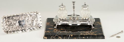 STERLING INKSTAND W MARBLE BASE,