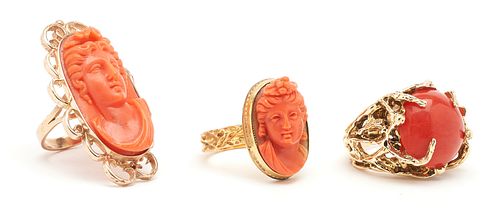 THREE (3) LADIES 14K CORAL RINGS1st