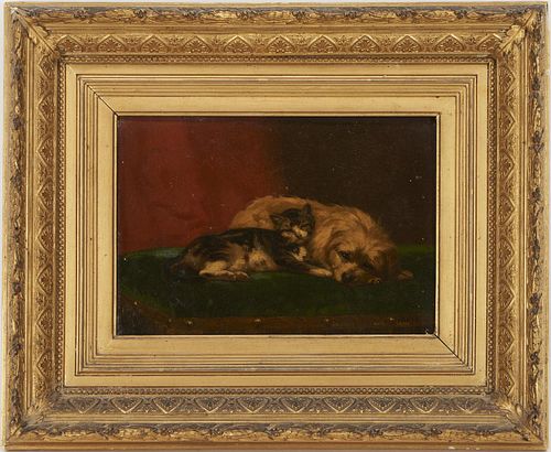 SMALL O/B PAINTING OF DOG AND CAT,