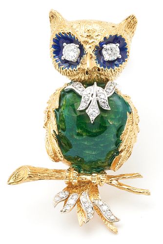 18K DIAMOND & ENAMEL OWL BROOCHLadies