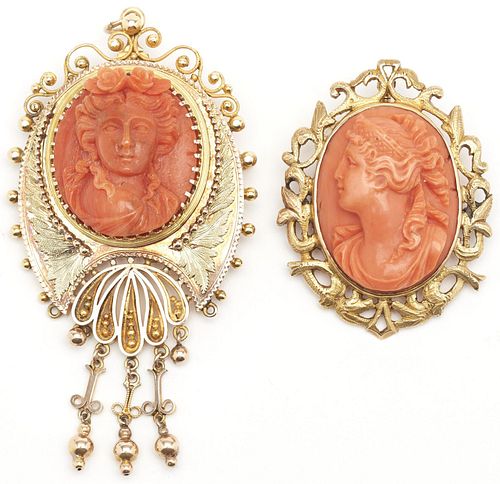 TWO (2) 14K CARVED CORAL CAMEO