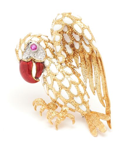 18K RUBY, DIAMOND, & ENAMEL PARROT