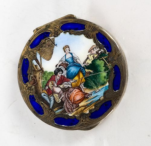 ANTIQUE ENAMEL SILVER COMPACTHand painted 3881a0