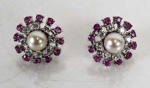 PAIR DIAMOND AND RUBY PEARL EARRINGS 388216