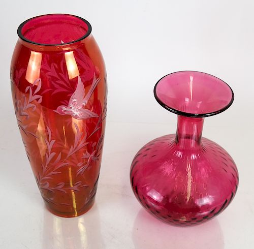 TWO RED ART GLASS VASES NOT SIGNEDOne 388321