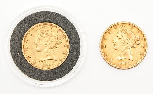 2 U S 5 LIBERTY HEAD GOLD HALF 38837b