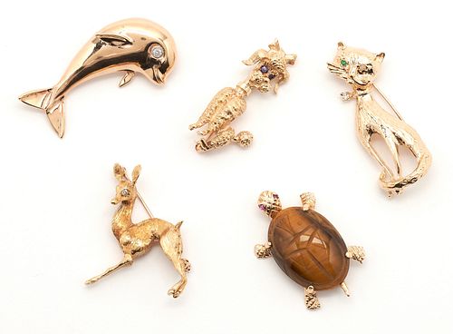 5 LADIES YELLOW GOLD ANIMAL BROOCHES  3883a6