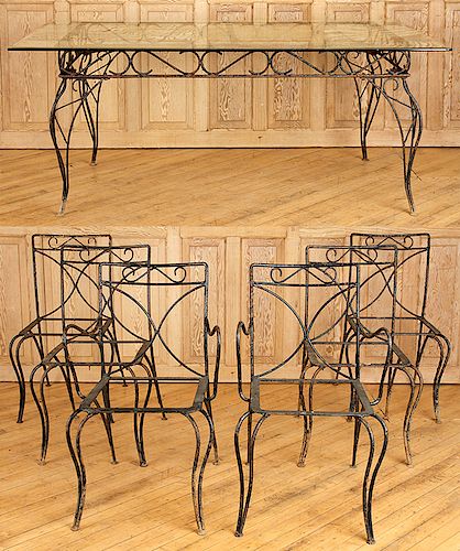 SEVEN PIECE WROUGHT IRON PATIO SET CIRCA