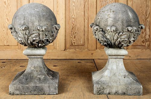 PAIR LIMESTONE SPHERE FORM FINIALS 38ac18