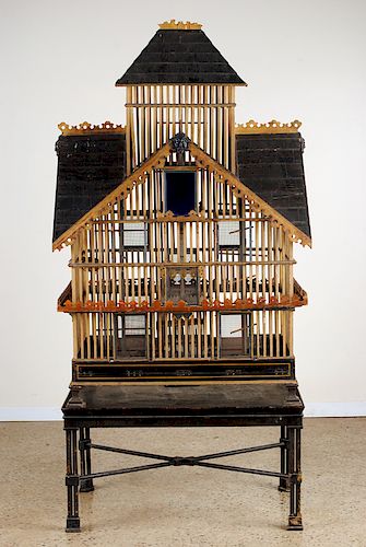 LARGE PAINTED WOOD BIRD CAGE MANSION