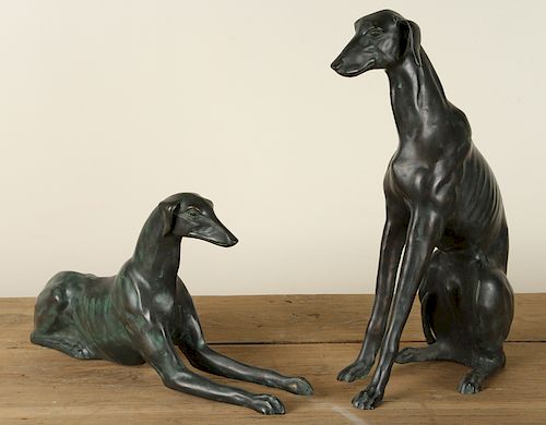 SET OF 2 BRONZE GREYHOUNDS SITTING 38ac5d