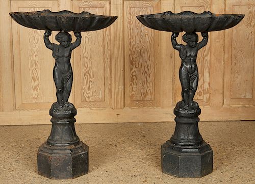 PAIR CAST IRON BIRD BATHS CHERUB 38aca8