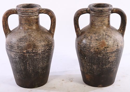 PAIR EARTHENWARE WINE VESSELS LABELED