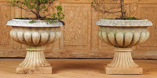 PAIR CARVED STONE GARDEN PLANTERS