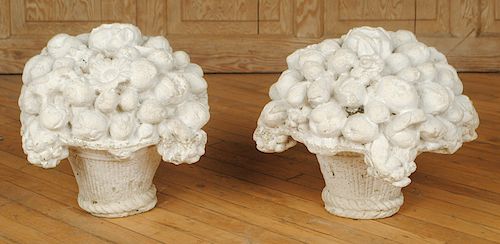 PAIR CAST STONE FLOWER BASKET GARDEN