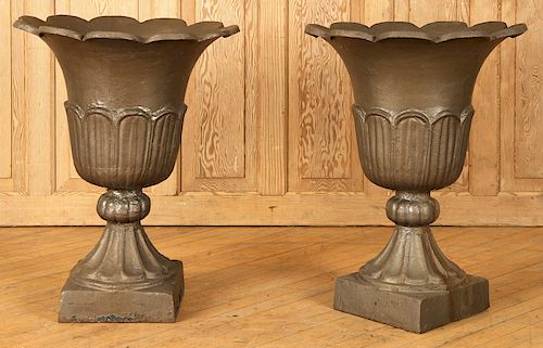 PAIR PAINTED CAST IRON URNS WITH SCALLOPED