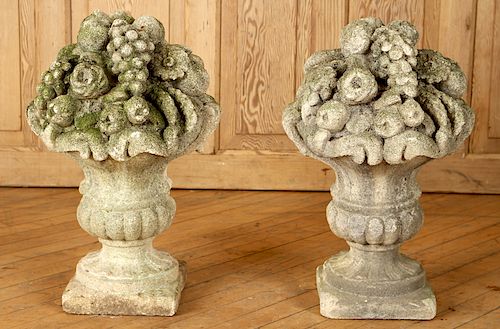 PAIR OF CAST STONE FLORAL BASKET