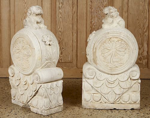 PAIR CARVED MARBLE FOO DOG GARDEN