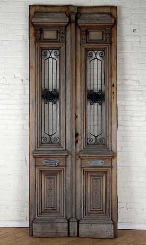 PAIR CARVED WOOD FRENCH DOORS IRON