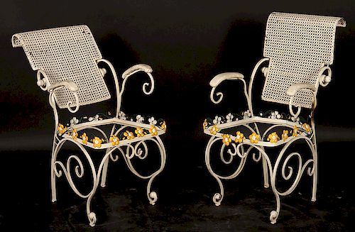 PAIR FRENCH WROUGHT IRON ARM CHAIRS